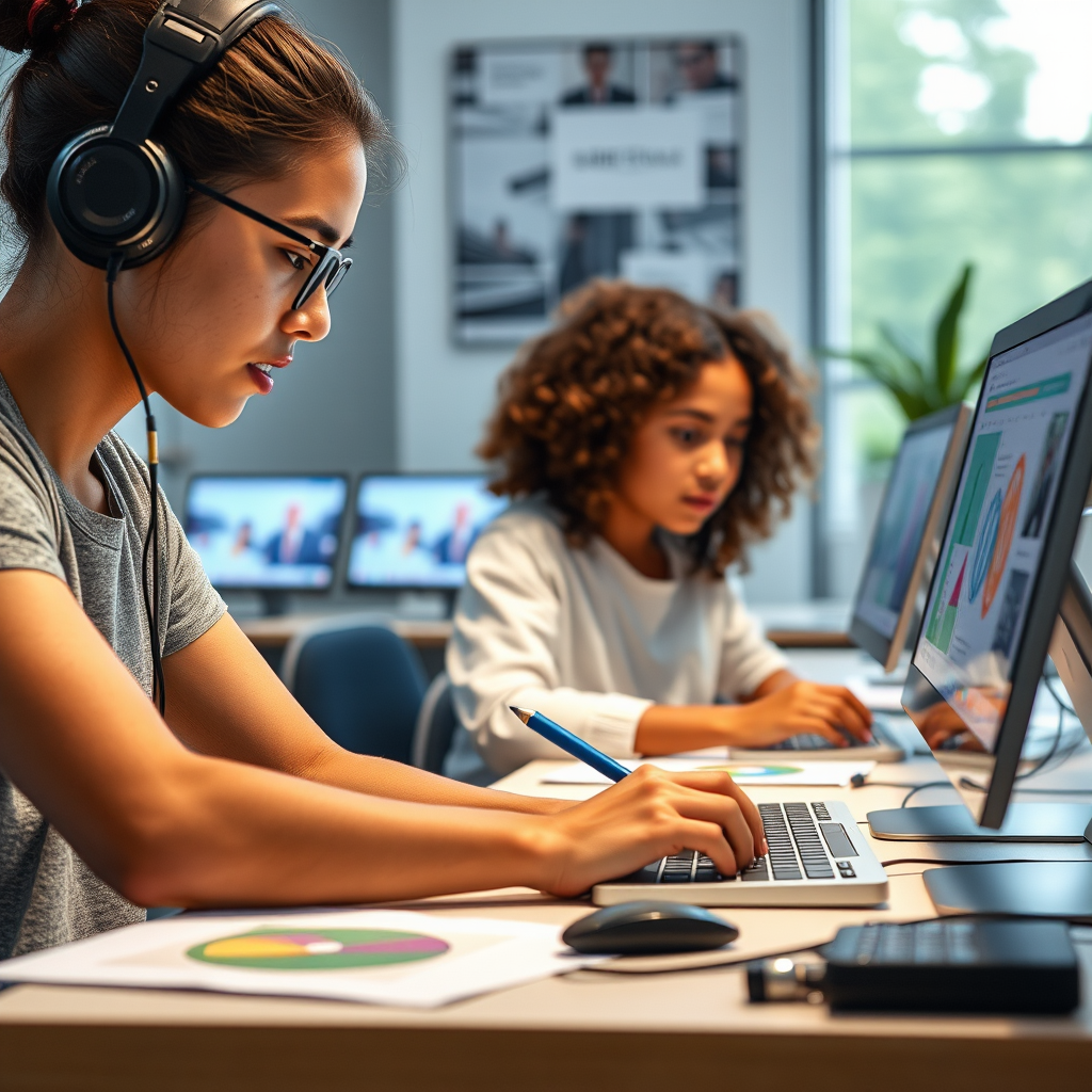 Estudiantes trabajando en proyectos de diseño gráfico moderno con herramientas digitales en computadoras