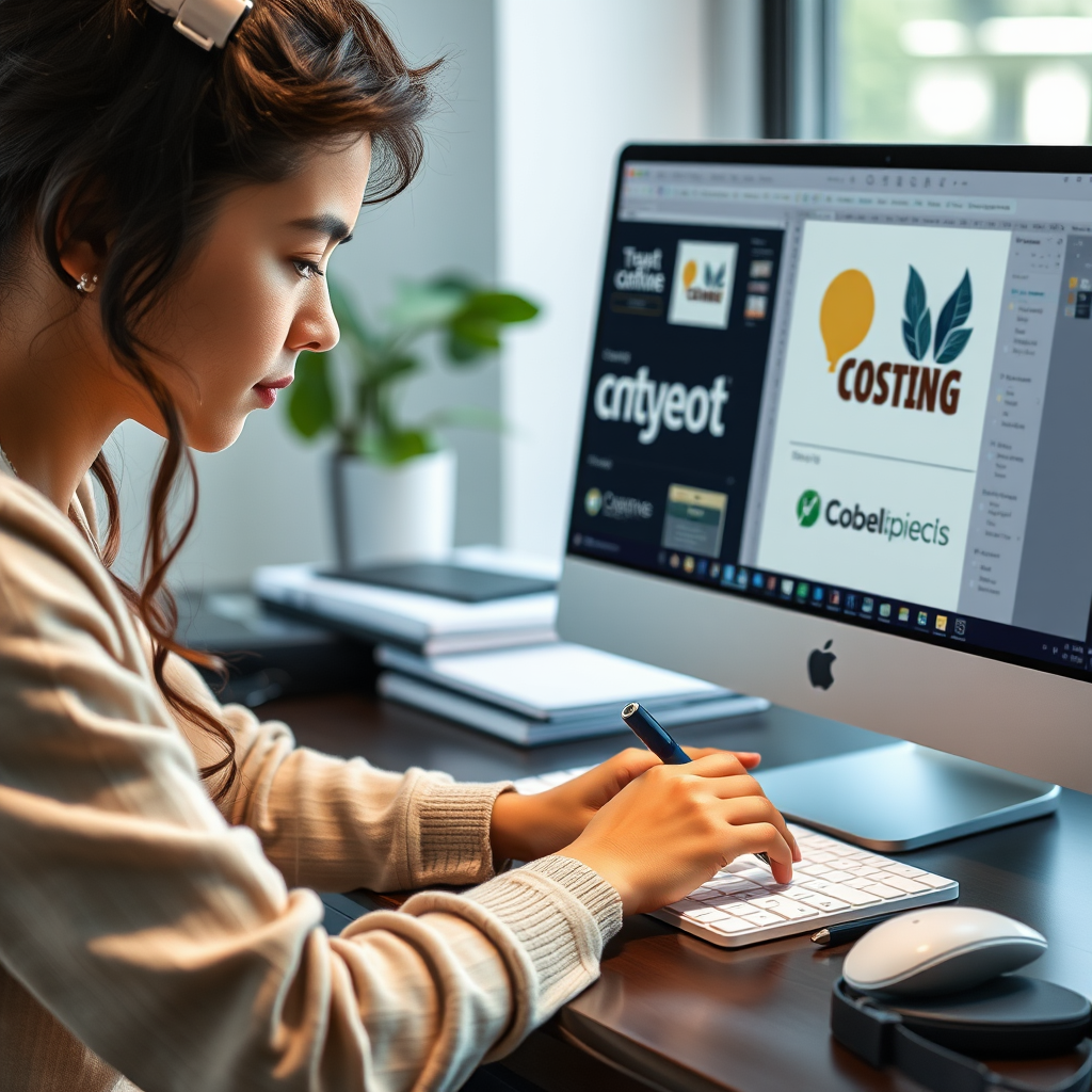 Estudiante trabajando en diseño gráfico moderno con herramientas digitales, creando tipografía y elementos de branding en una computadora