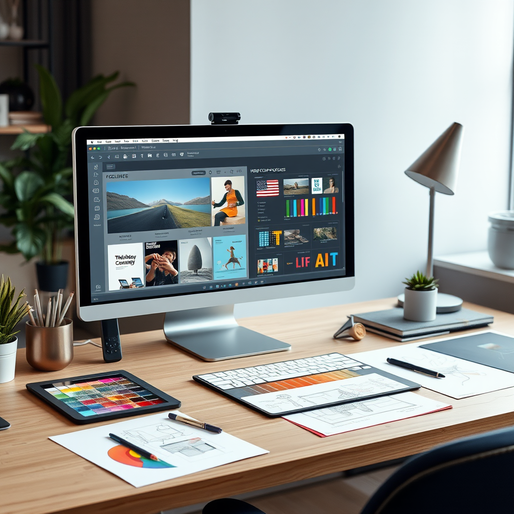 Espacio de trabajo de diseño con computadora mostrando portafolio digital, tableta gráfica, muestras de color y bocetos de proyectos creativos sobre escritorio moderno