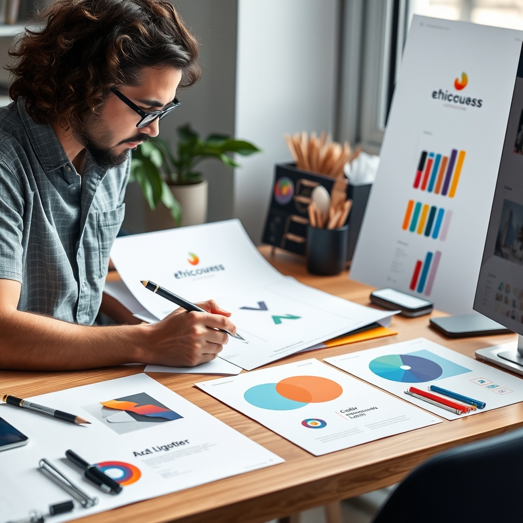 Diseñador gráfico trabajando en una identidad de marca moderna con logos, paletas de colores y elementos visuales sobre un escritorio creativo