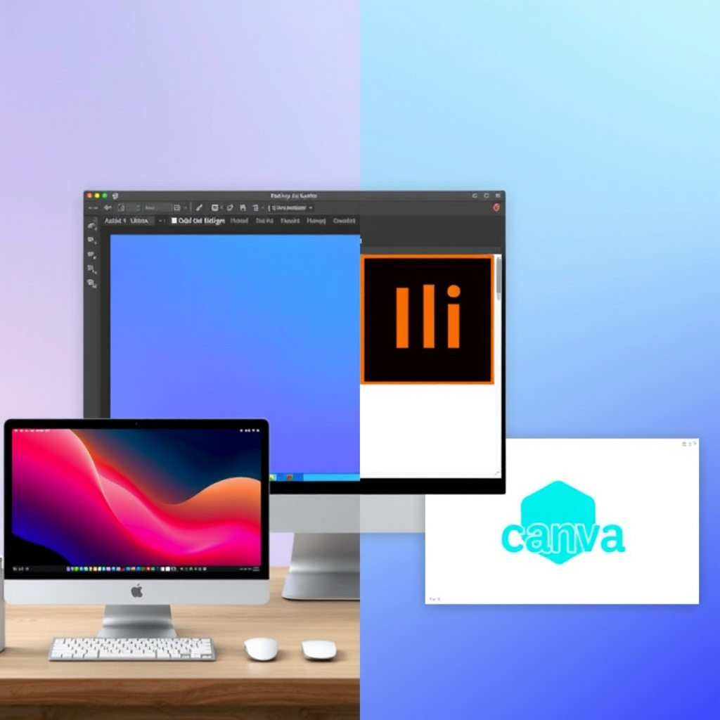 Comparación visual entre Adobe Creative Suite y herramientas alternativas de diseño, mostrando interfaces de Photoshop, Illustrator, Figma y Canva en una composición moderna