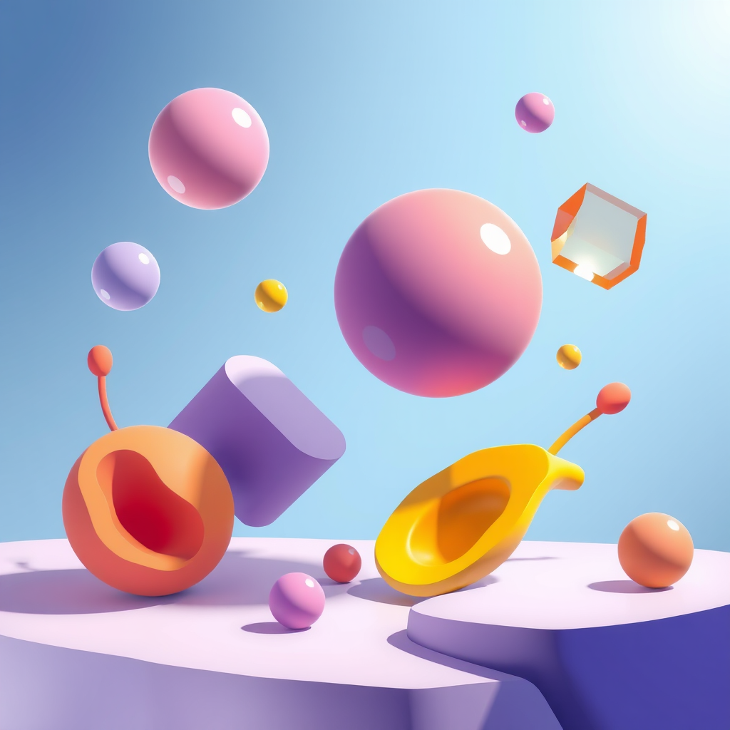 Ilustración mostrando elementos 3D flotantes como esferas, cubos y formas orgánicas integrados en un diseño plano con colores vibrantes y sombras realistas