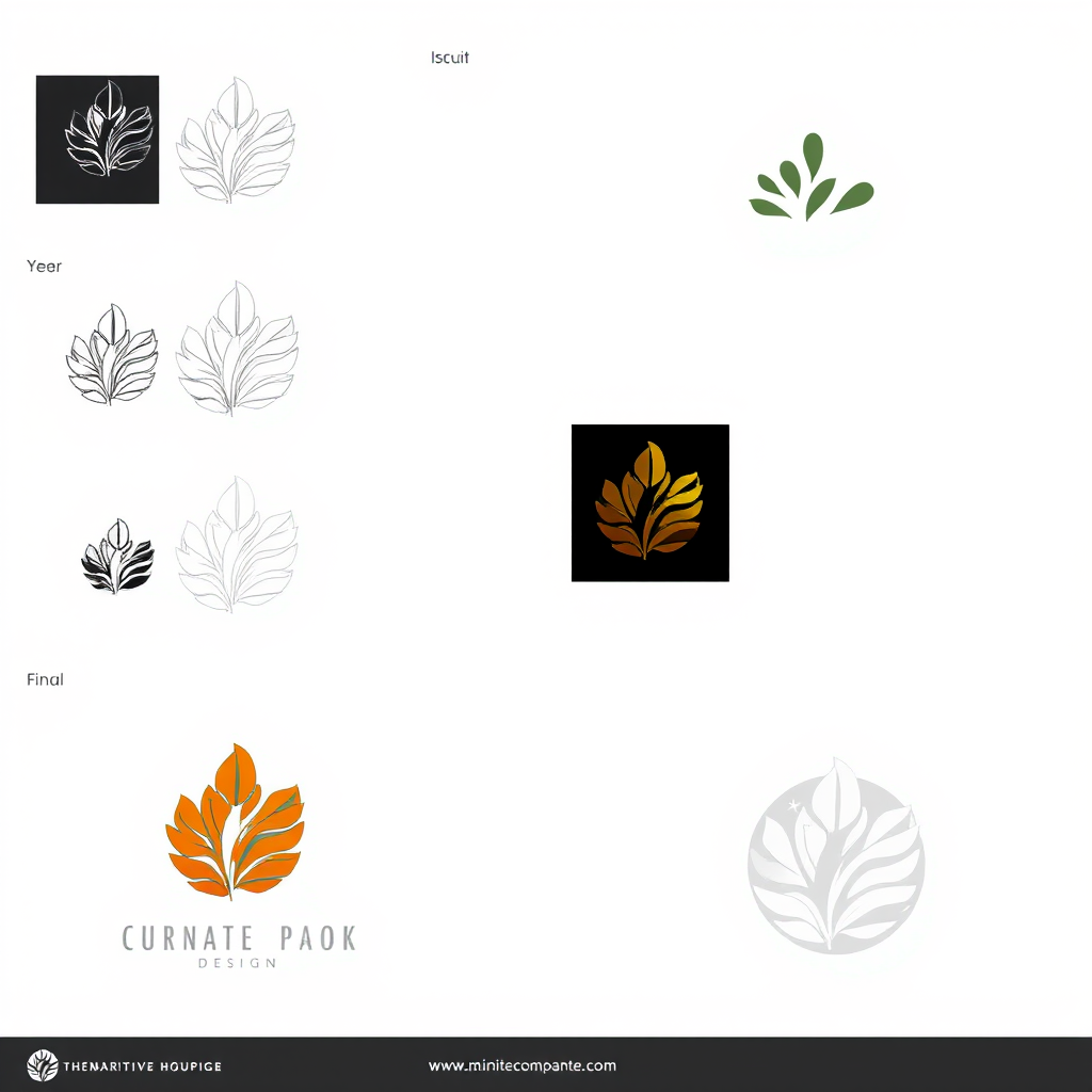 Proceso de diseño de logotipos mostrando bocetos iniciales, refinamiento digital y versiones finales de un logo corporativo