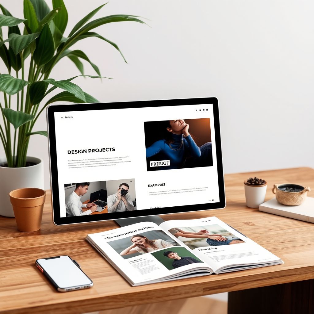 Mockup de un portafolio de diseño digital mostrando proyectos creativos, layouts profesionales y ejemplos de presentación de trabajos gráficos