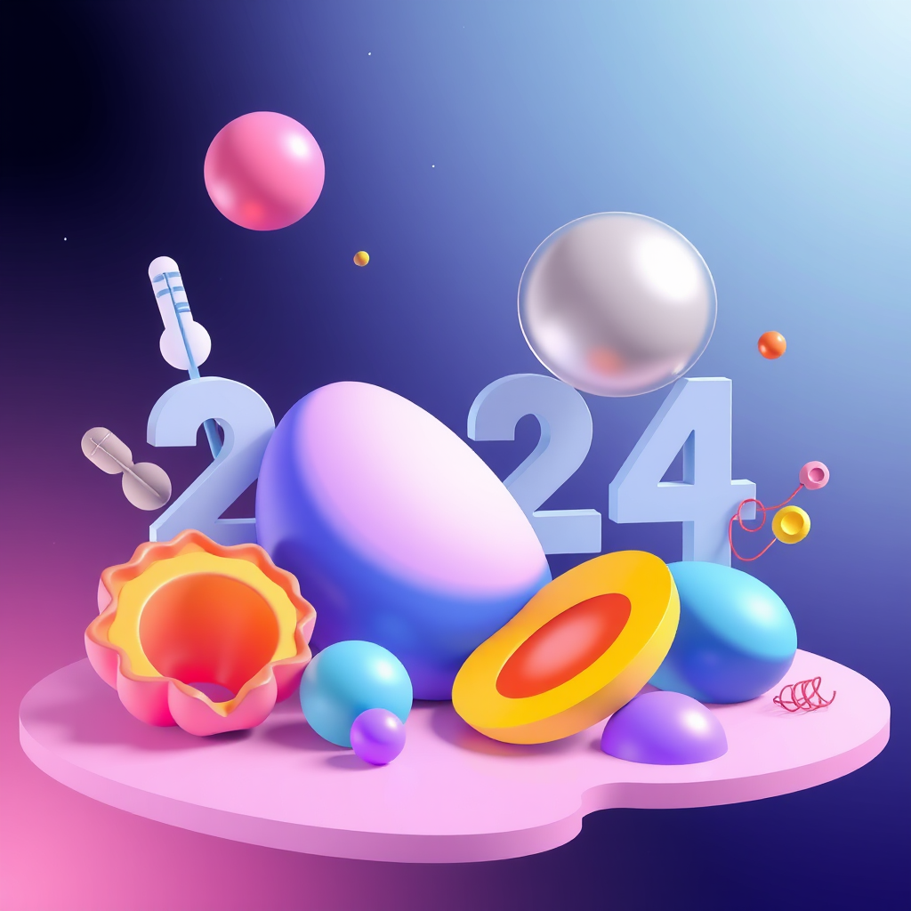 Ilustración digital moderna con elementos 3D, gradientes vibrantes y arte lineal minimalista representando las tendencias de diseño 2024