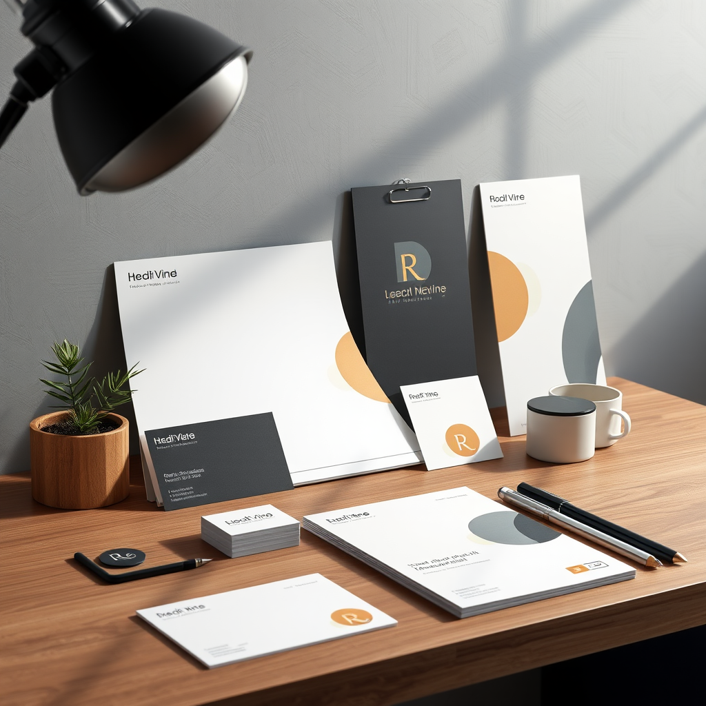 Mockup profesional mostrando diseño de branding aplicado en tarjetas de visita, papelería y elementos corporativos con iluminación profesional