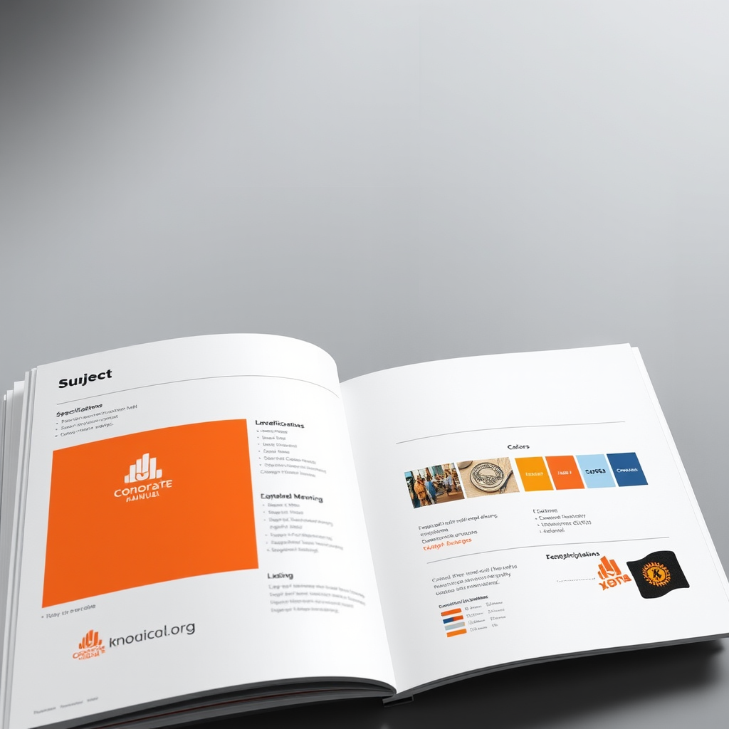 Manual de identidad corporativa abierto mostrando especificaciones de logo, tipografías, colores y aplicaciones de marca