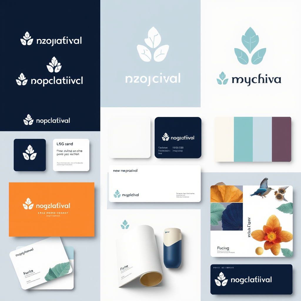 Elementos de identidad de marca cohesivos incluyendo logos, paletas de colores, tipografías y aplicaciones en diferentes materiales de branding profesional