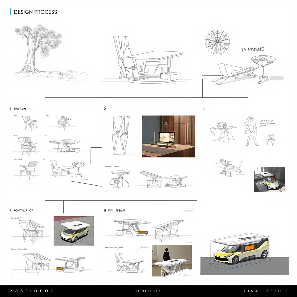 Visualización del proceso de diseño con bocetos iniciales, desarrollo de conceptos y resultado final organizado en formato de presentación