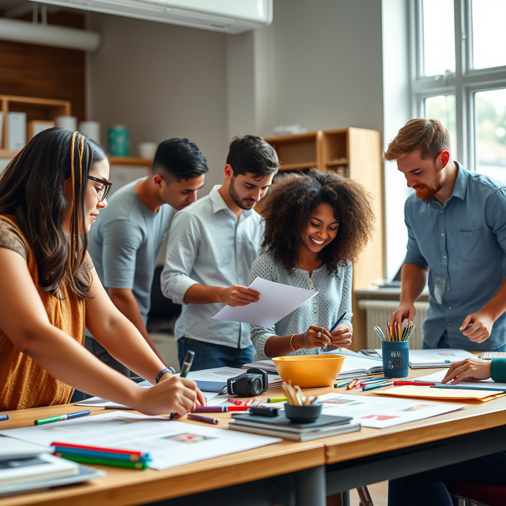 Grupo diverso de estudiantes y profesores de diseño gráfico colaborando en proyectos creativos en el aula