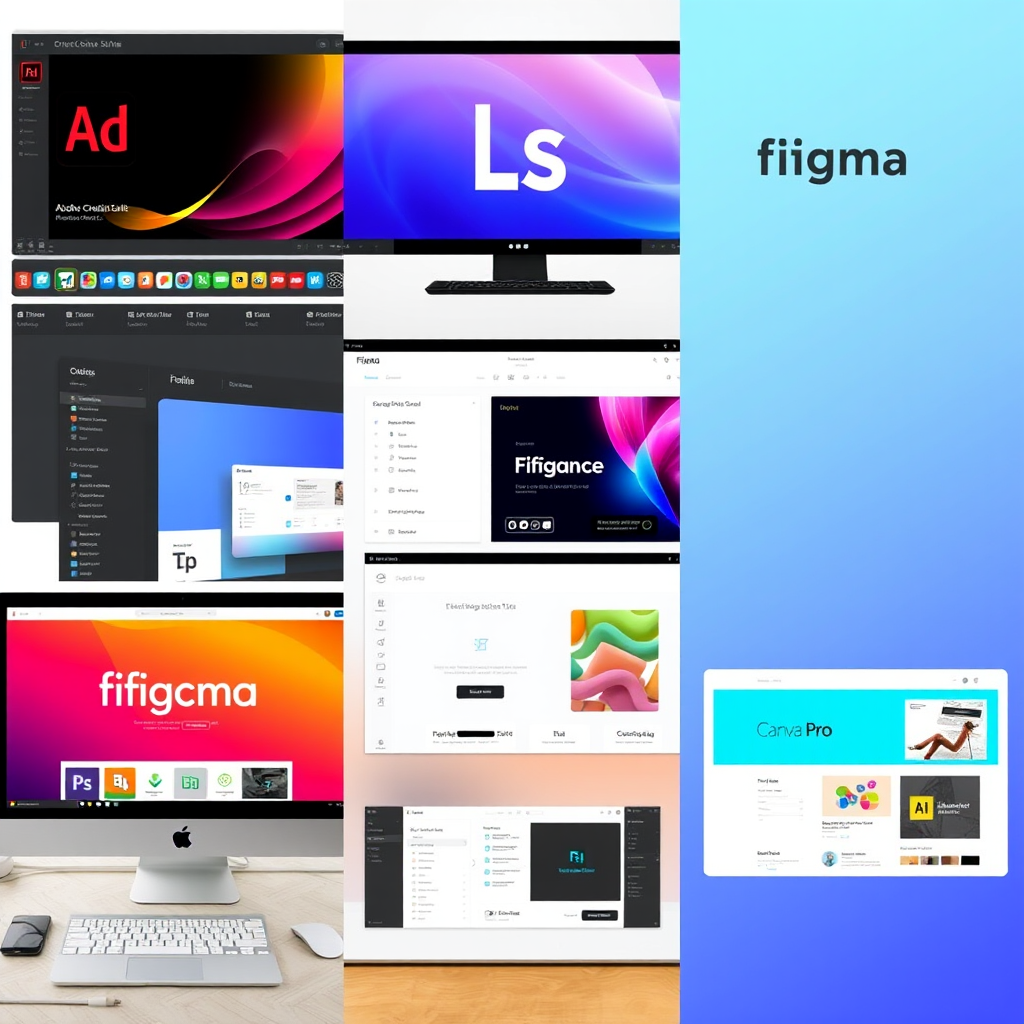 Comparación visual de diferentes software de diseño mostrando interfaces de Adobe Creative Suite, Figma, Canva Pro y herramientas alternativas para diseñadores